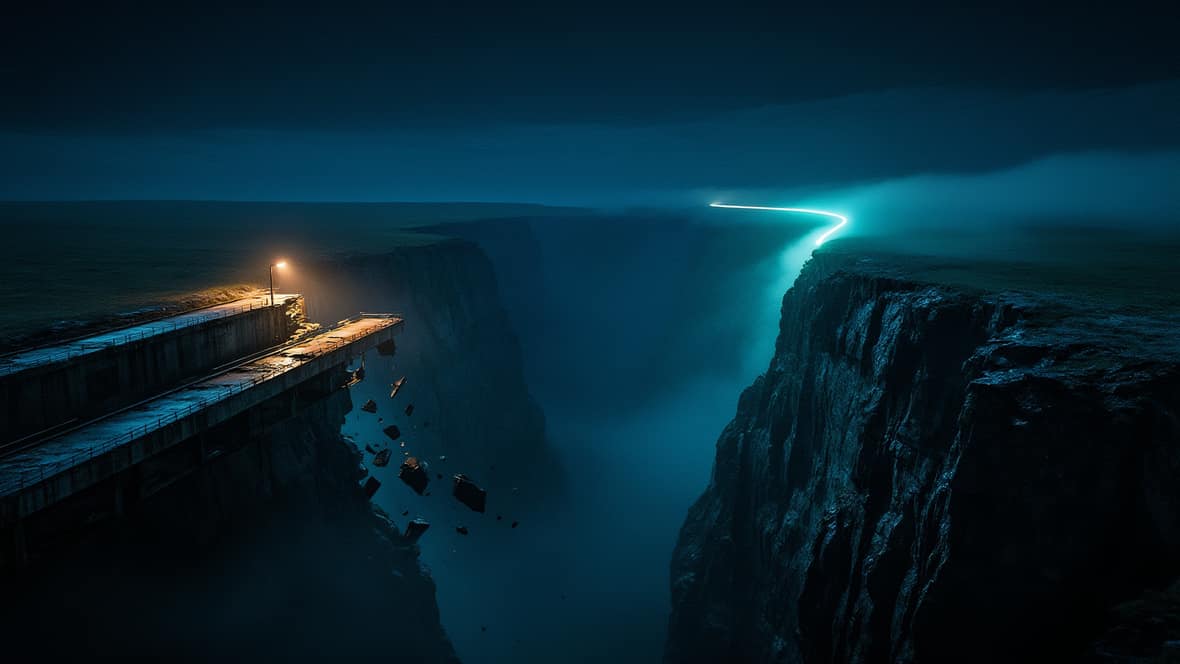 A concrete causeway lit by one failing orange lamp runs out to a broken terminus above a dark canyon, its rubble falling into the fog below. Across the gap, a continuous ribbon of teal light rises out of the far rock shelf and climbs past the canyon rim into low cloud.